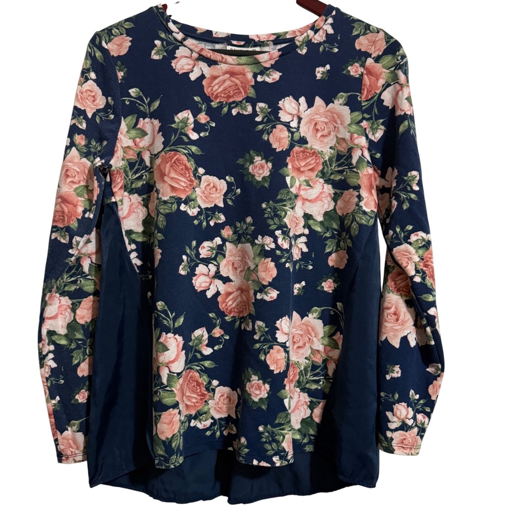 Studio B by Bobeau Womens Small Navy Blue Pink Floral Mixed Media High Low‎ Top